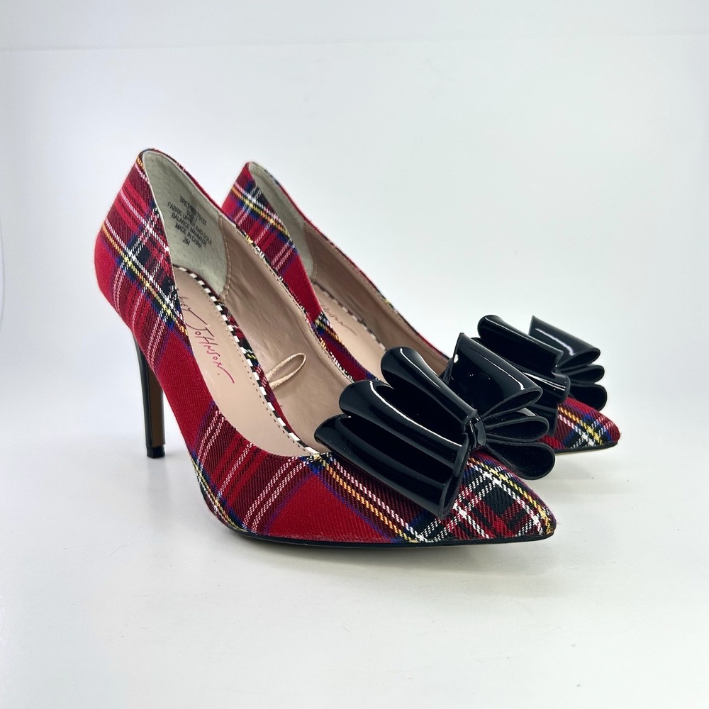 Betsey Johnson Bret Pumps 7 Red Tartan Plaid Black Bow Stiletto Cocktail Heels - Picture 4 of 12